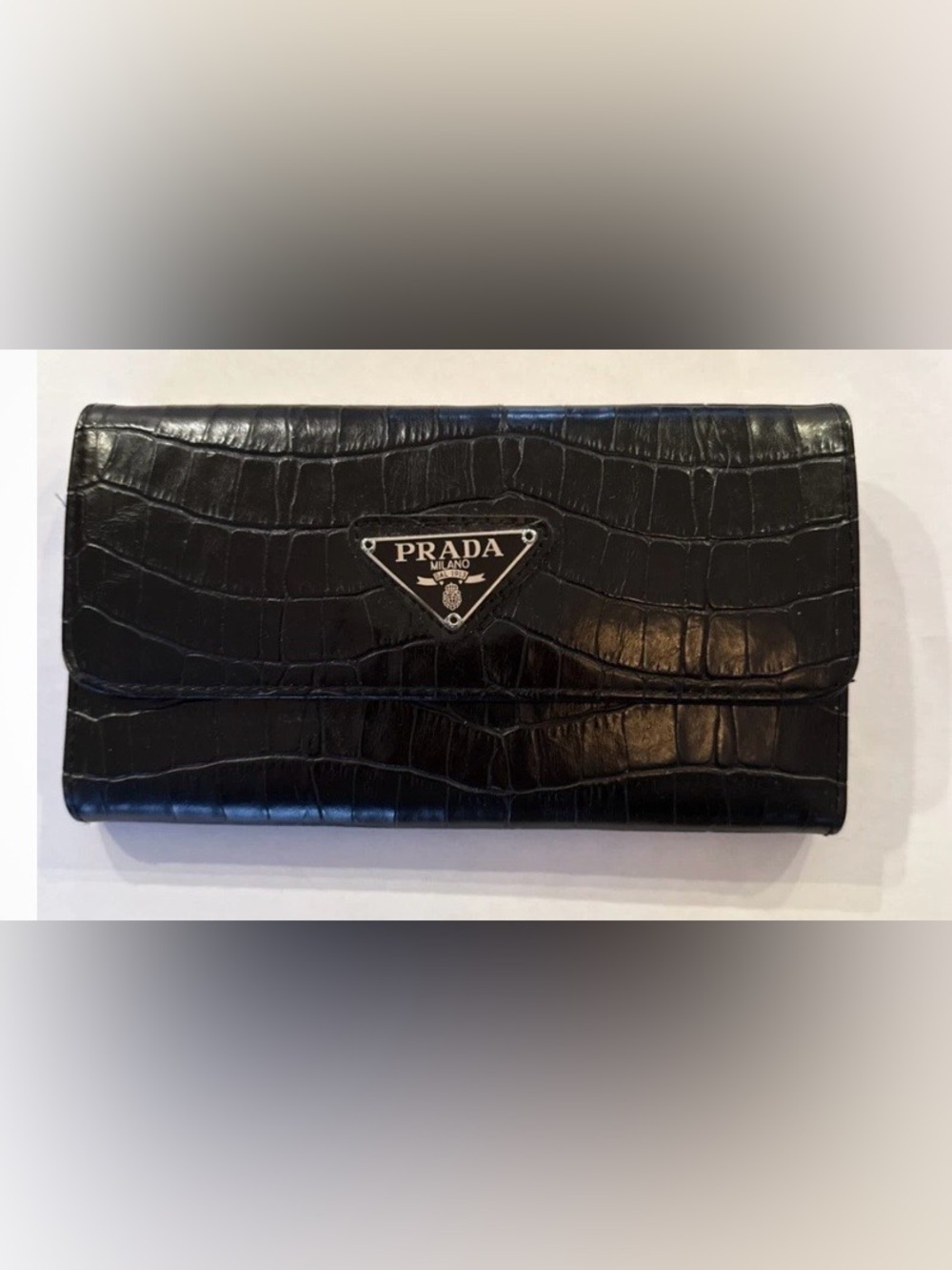 Prada Authentic  Black Croc-Embossed Leather Flap Wallet with Triangle Logo